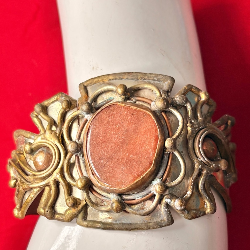 Vintage Brutalist Mixed Metal and Jasper Or Agate Artisan Cuff Bracelet